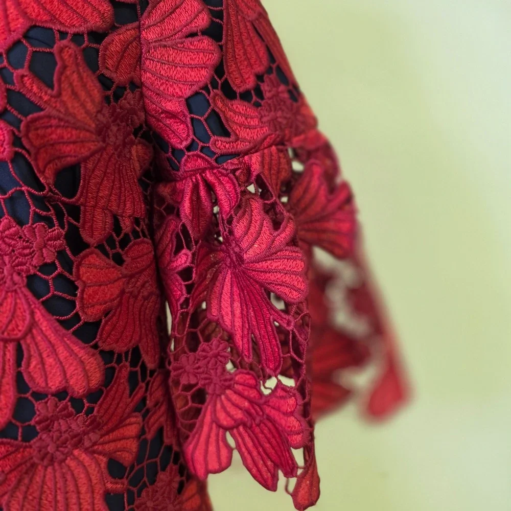 Tory Burch Floral Guipure Lace Shift‎ Dress Red Bell Sleeve Womens 4 Excellent